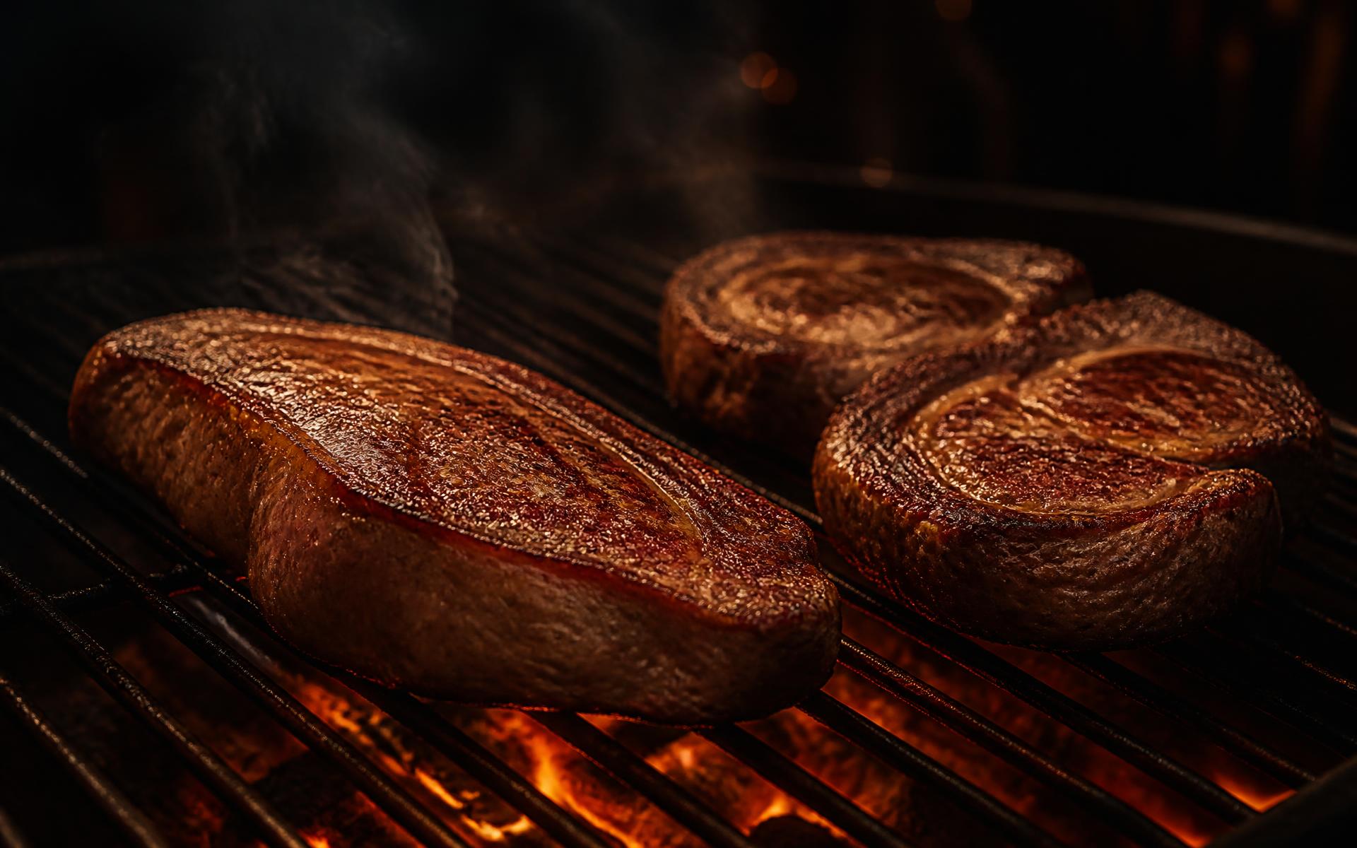 Carnes sendo preparadas na churrasqueira